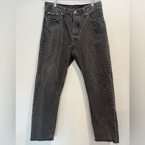 Levi's 501 Original Cropped Jeans Washed Black High RiseW29L28 Raw Hem Straight